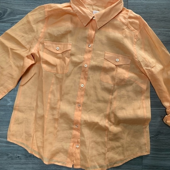 Chicos Ramie/cotton orange/peach boho coastal Lagen look button down shirt Large - Picture 6 of 14
